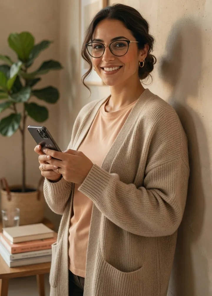Una donna consulta il suo telefono nel suo salotto